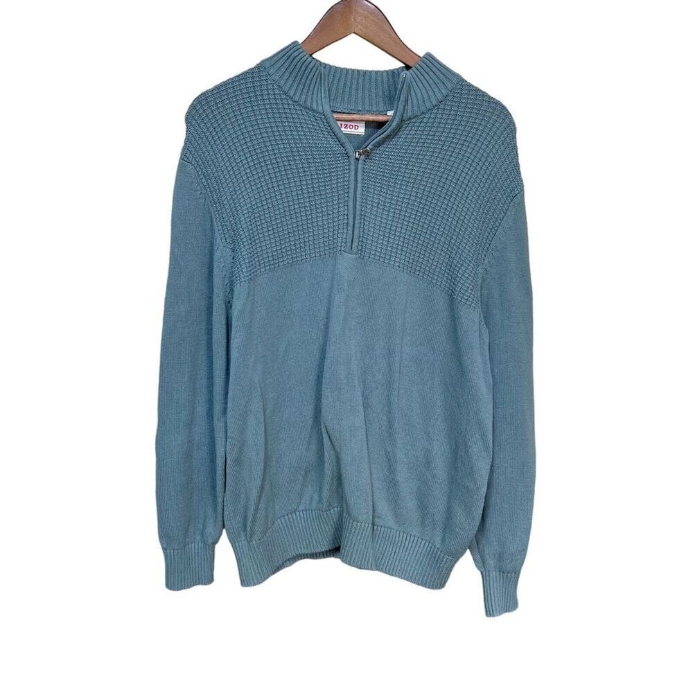 IZOD Mens 1/4 Quarter Zip Pullover Size Large Teal Sweater Stretch 100 % Cotton